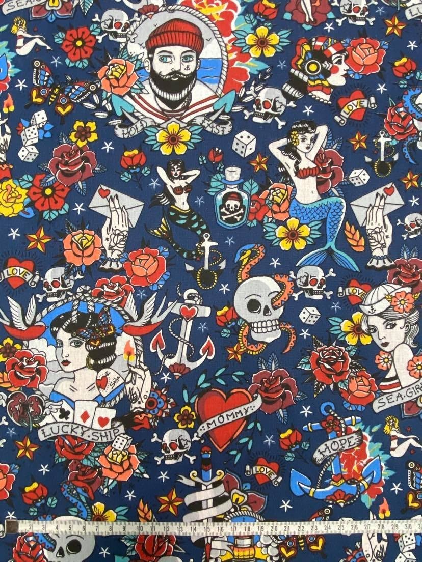 Coton 150 - Tattoo pirate fond bleu