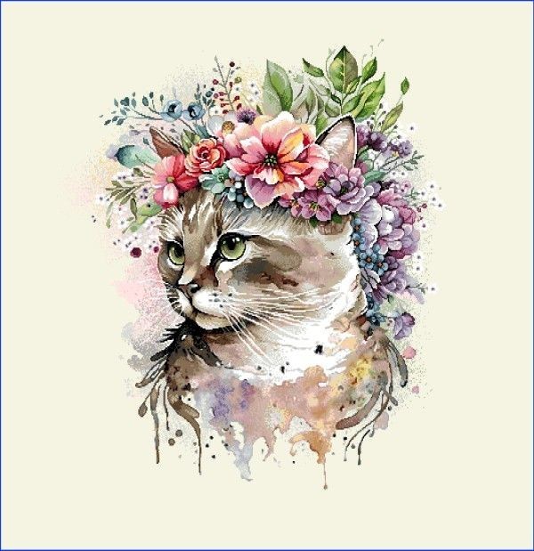 Carré - Chat et fleurs