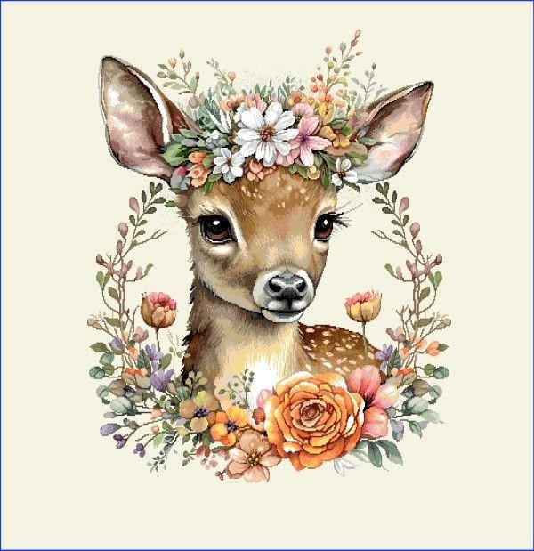 Carré - Faon et la couronne fleurs