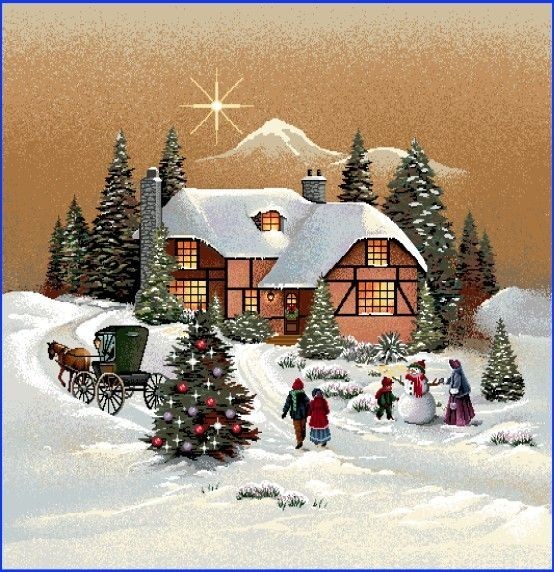 Carré -chalet neige et personnage