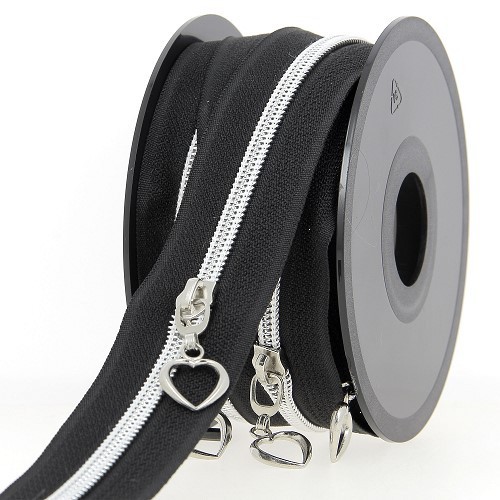 Mercerie - Fermeture éclair au mètre noir et argent coeur
