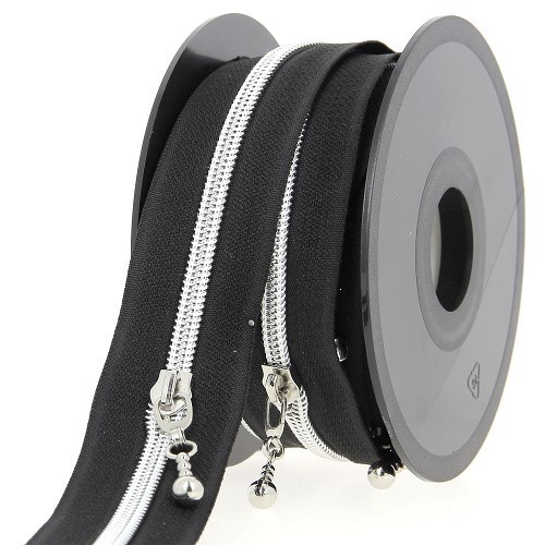 Mercerie - Fermeture éclair au mètre noir et argent boule