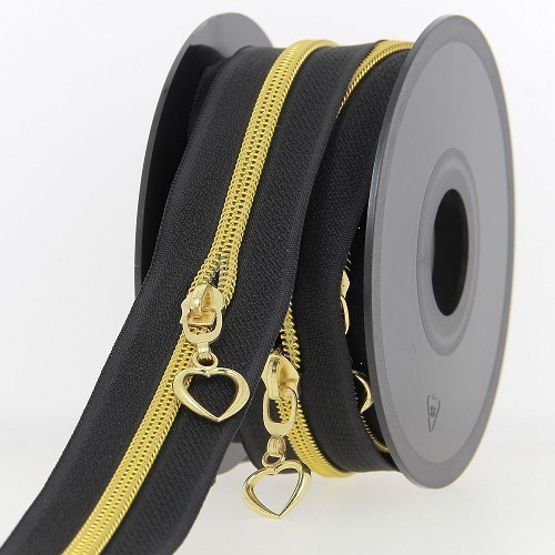 Mercerie - Fermeture éclair au mètre noir et doré coeur