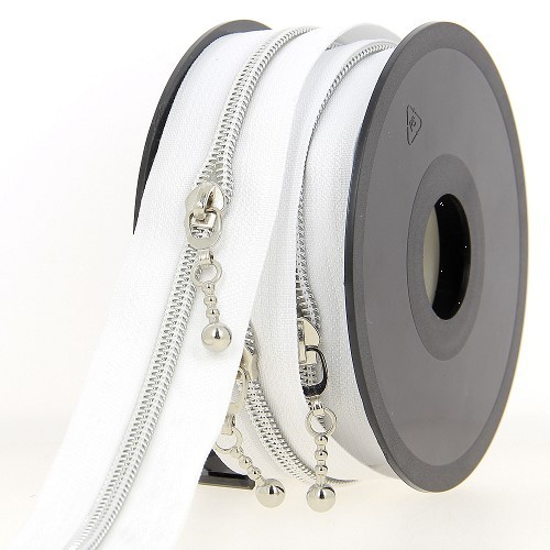 Mercerie - Fermeture éclair au mètre blanc et argenté boule