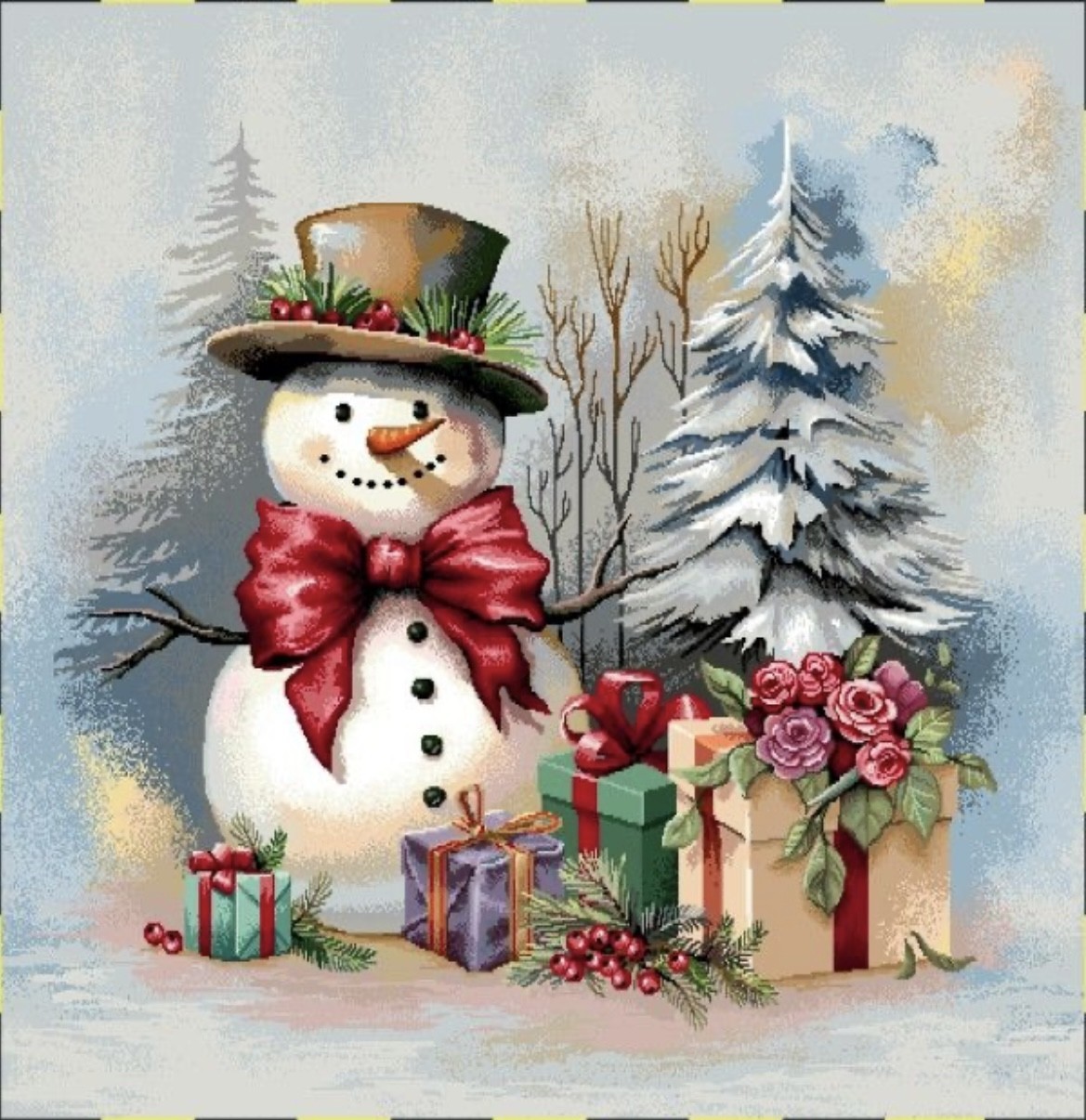 Carre-bonhomme de neige noeud papillon et chapeau