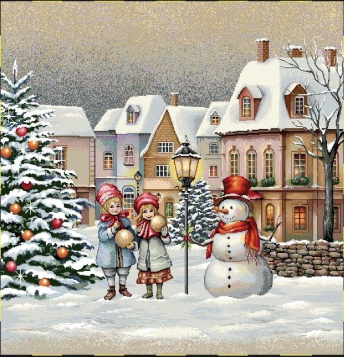 Carre- Enfant place de Noël et bonhomme de neige