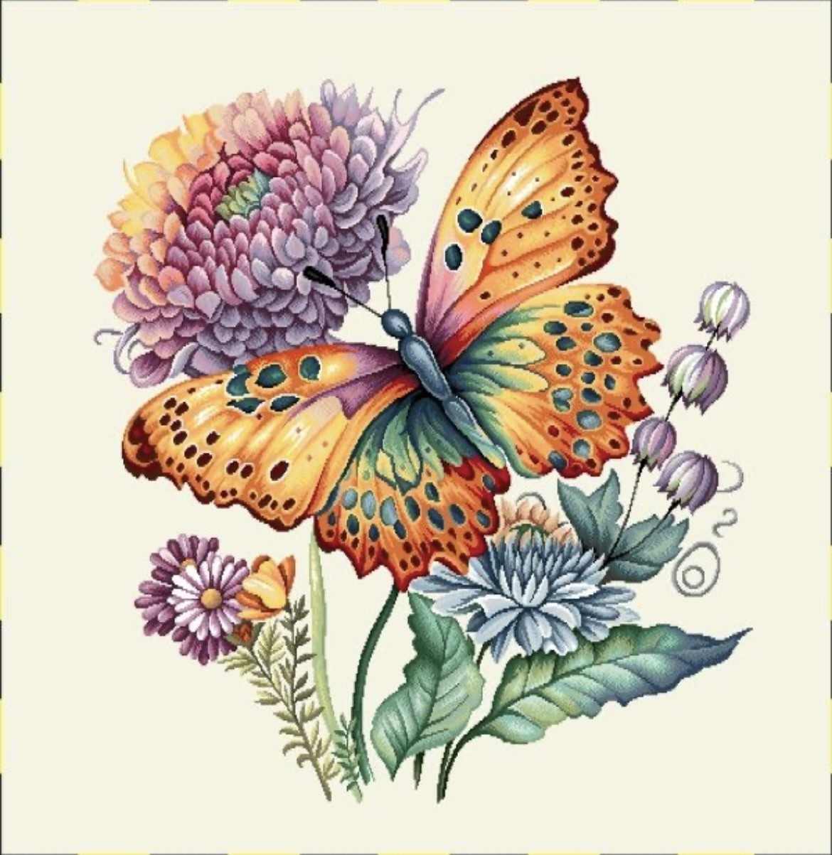 Carre-bouquet et papillon arc en ciel