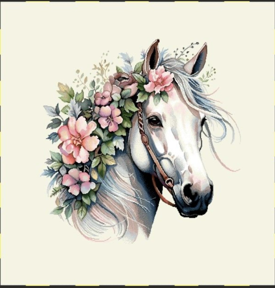 Carre- Cheval blanc et fleurs